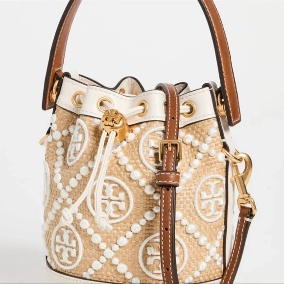 Tory Burch T Monogram Embroidered Raffia Mini Bucket Bag New Ivory - Picture 1 of 10